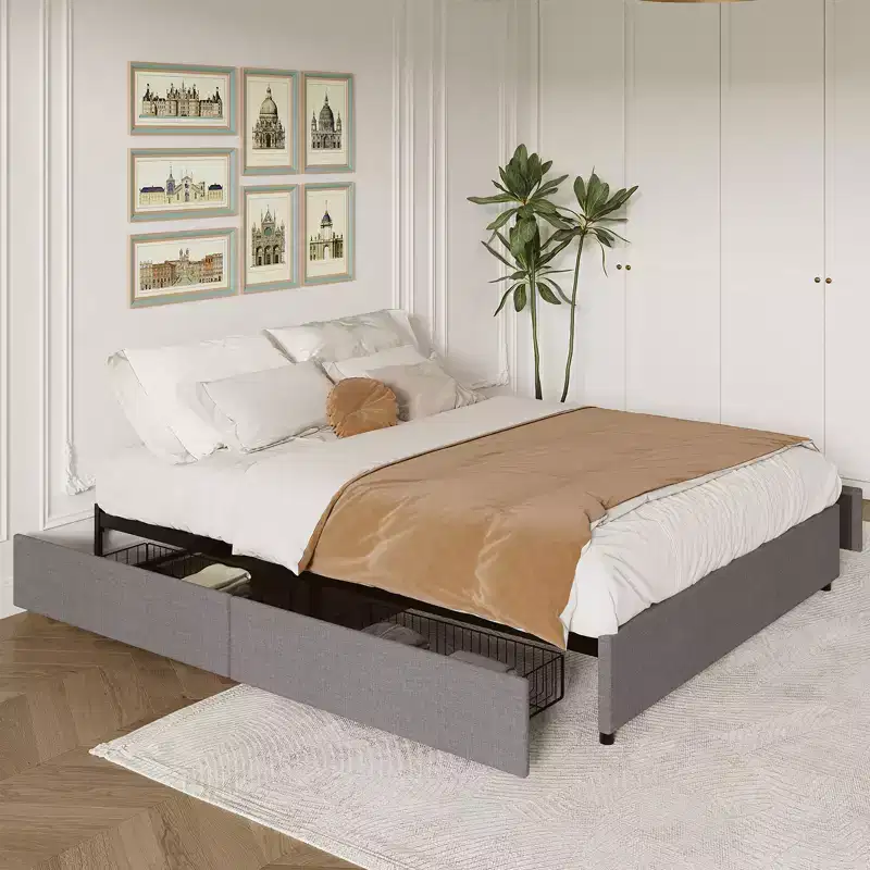 Full / Queen / King Platform Bed Frame with 4 Storage Drawers, Fabric Upholstered, No Box Spring, Wooden Slats, Noise Free, Easy Assembly, Dark Grey