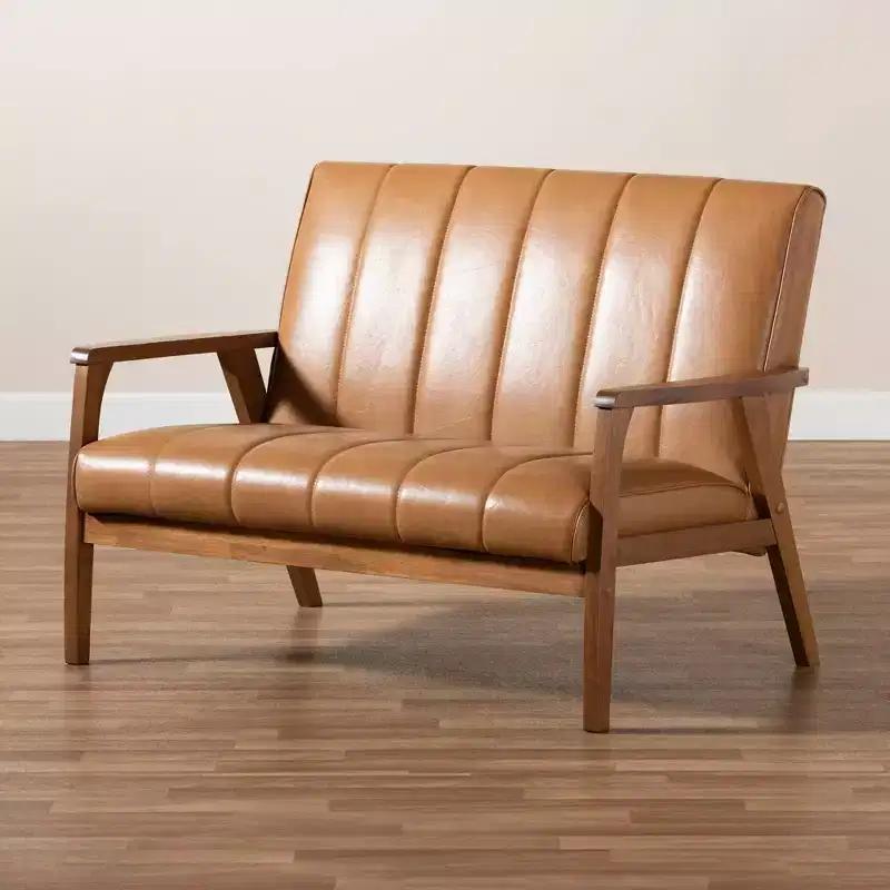 Faux Leather and Wood Frame Loveseat 2-Seater Walnut/Brown