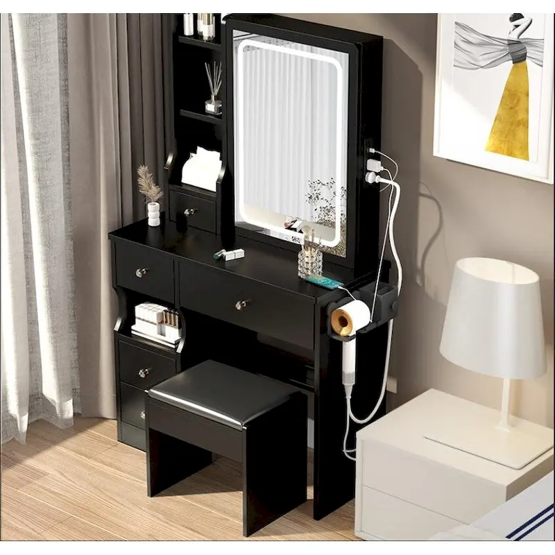 Left Drawer Makeup Vanity with LED Mirror and USB Power Station and Cushioned Stool