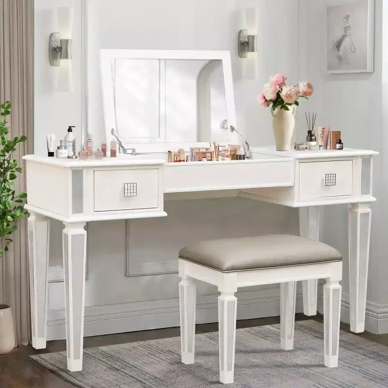 Okak Makeup Vanity with Padding Stool Set, Girls Vanity with Flip Up Mirror and 2 Drawers, Dressing Table for Living Room, Bedroom, White