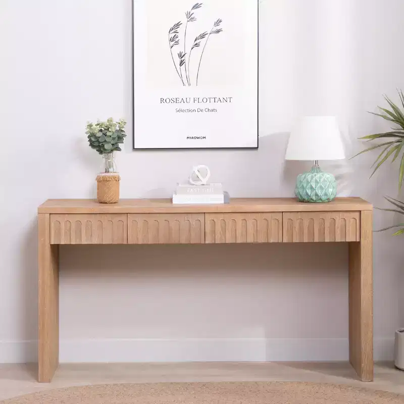 59.2 in. Farmhouse Console Table with 4 Hidden Drawers, Arched Decoration, Accent Table for Living Room, Hallway