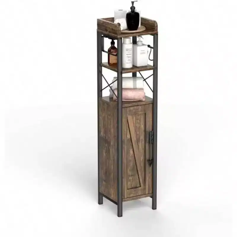 Small Bathroom Cabinet with Door and 2 Shelves, Slim Metal Toilet Paper Holder, Narrow Storage Organizer for Tiny Space