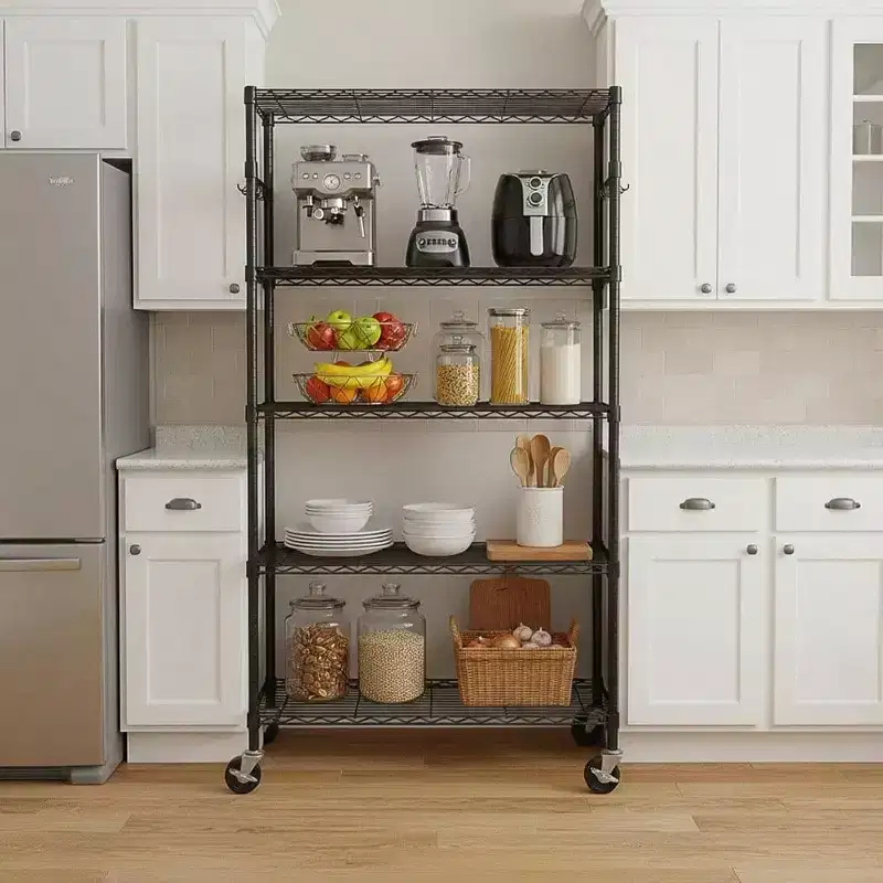 5 Tier Storage Shelves with Wheels Adjustable Wire Shelving Unit Metal Kitchen Garage Pantry Closet Laundry Organizer Rack
