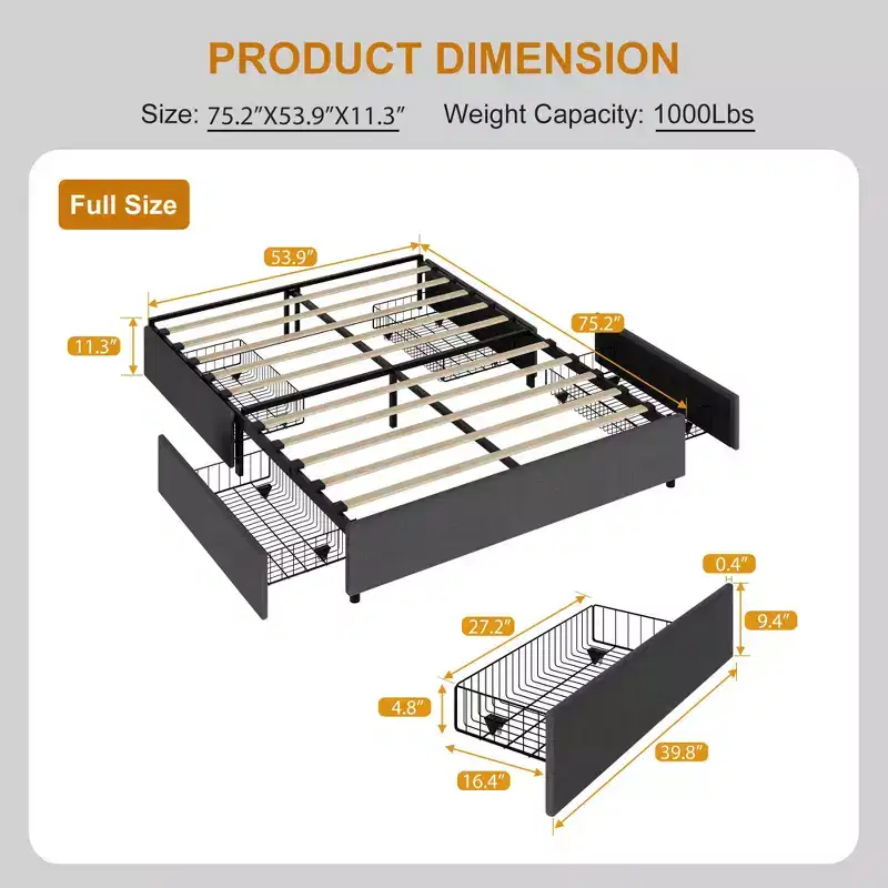 Bed Frame with 4 DrawersFabric Upholstered, Easy Assembly