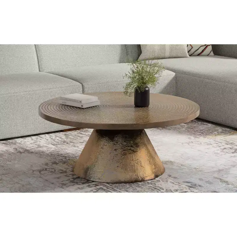 Alyssa 36 inch Wide Round Contemporary Cast Aluminum Coffee Table in Vintage Brass, Fully Assembled