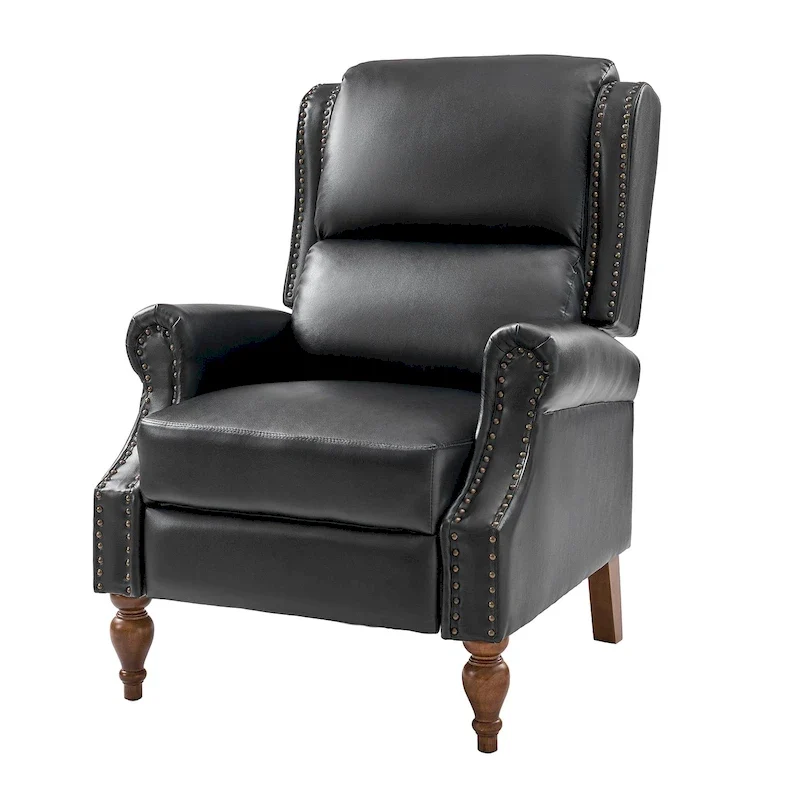 Traditional Vegan Leather Manual Push-Back Recliner, Padded Armrests, Solid Wood Legs, Living Room