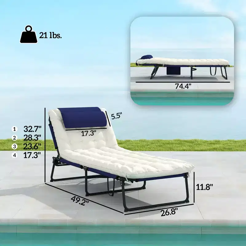 Folding Chaise Lounge Pool Chair with 4-level Reclining Back, Cushion, Side Pocket, Headrest