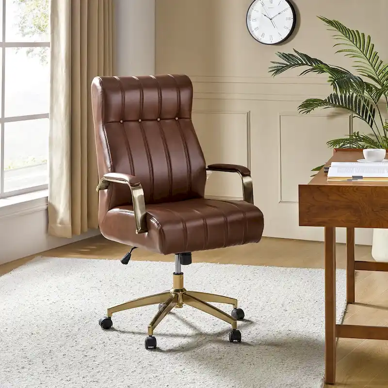 Mid-Century Modern Vegan Leather Swivel Tilting Office Chair with Channel Tufted and Metal Feet