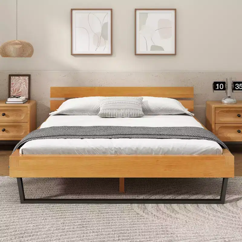 Queen/King Size Platform Bed Frame with Headboard, Sturdy Pinewood & Iron Frame, Modern Industrial Minimilist Design, Natural+Black - ModernLuxe