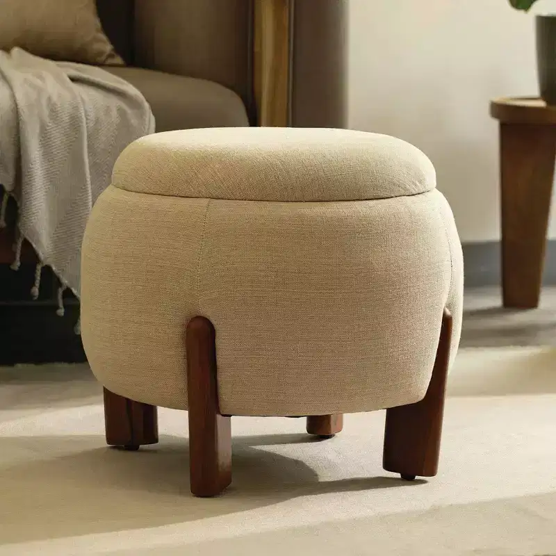 GDFStudio Haley Modern Mango Wood and Linen Upholstered Round Ottoman