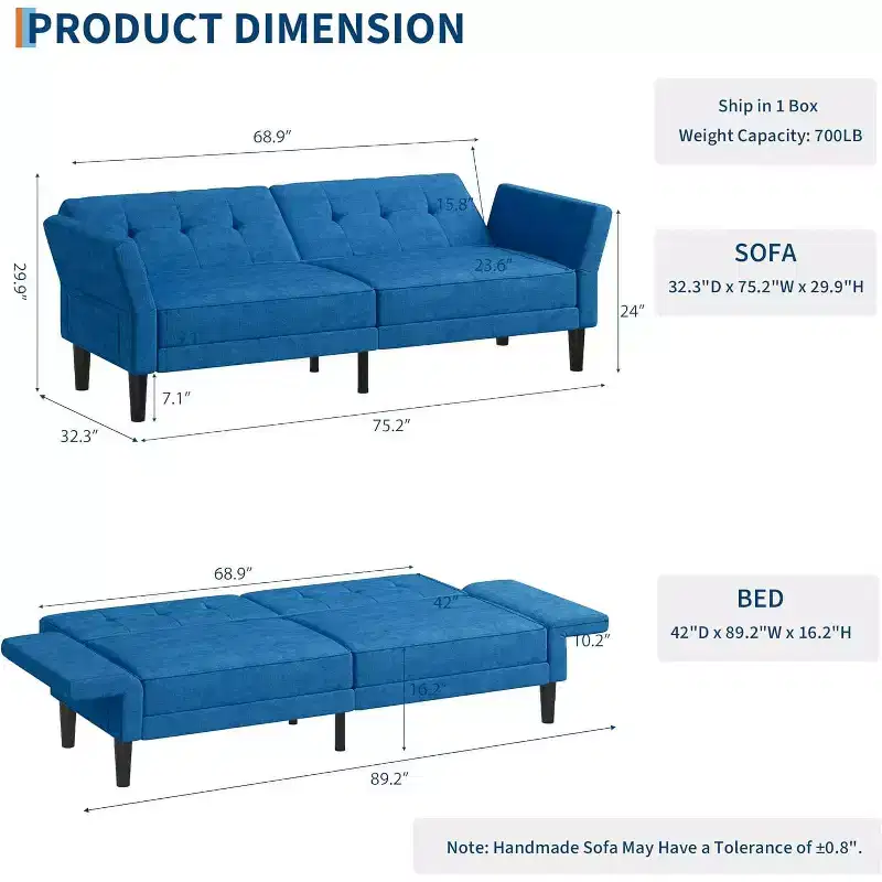 89 Convertible Sleeper Sofa, Modern Chenille Sleeper Sofa, Futon Sofa Bed with Adjustable Backrest & Armrest, Loveseat Sleeper for Living Room