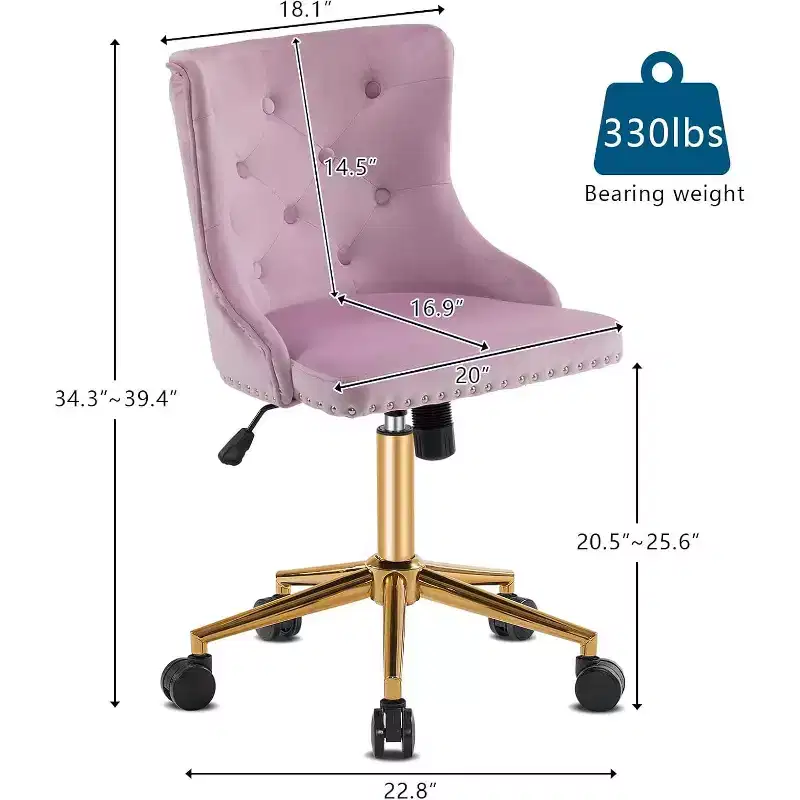 VINGLI Armless Home Office Desk Chair with Gold Base/Wheels, Vanity/Makeup Chair with Back for Bedroom, Rolling Swivel Nail Chair
