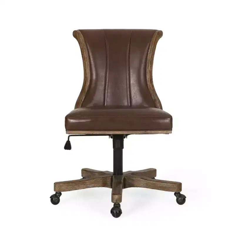Contemporary Upholstered Roll Back Swivel Office Chair with Adjustable Height - Dark Brown/Natural