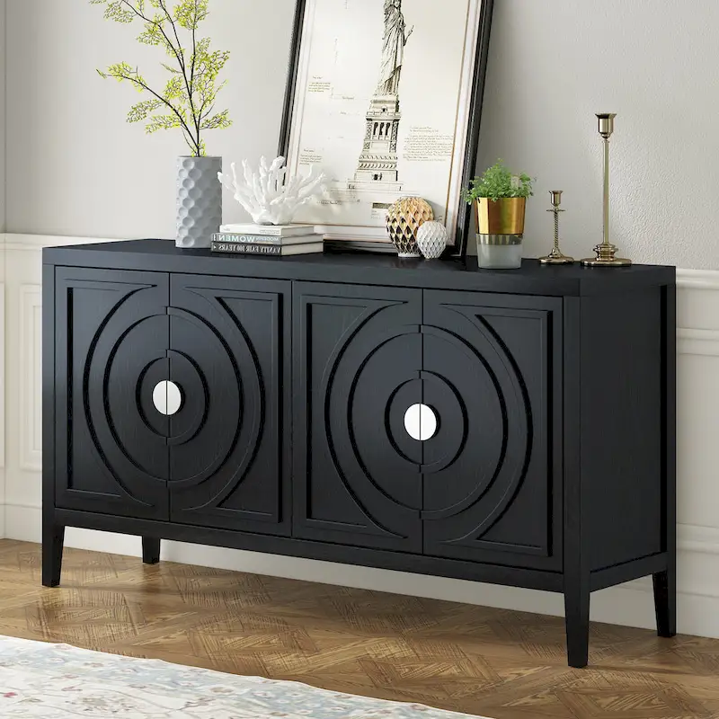 4-Door Sideboard with Circular Groove Design & Round Metal Handles – Black / Gray / Antique Blue / White, Rubber Wood & Acacia