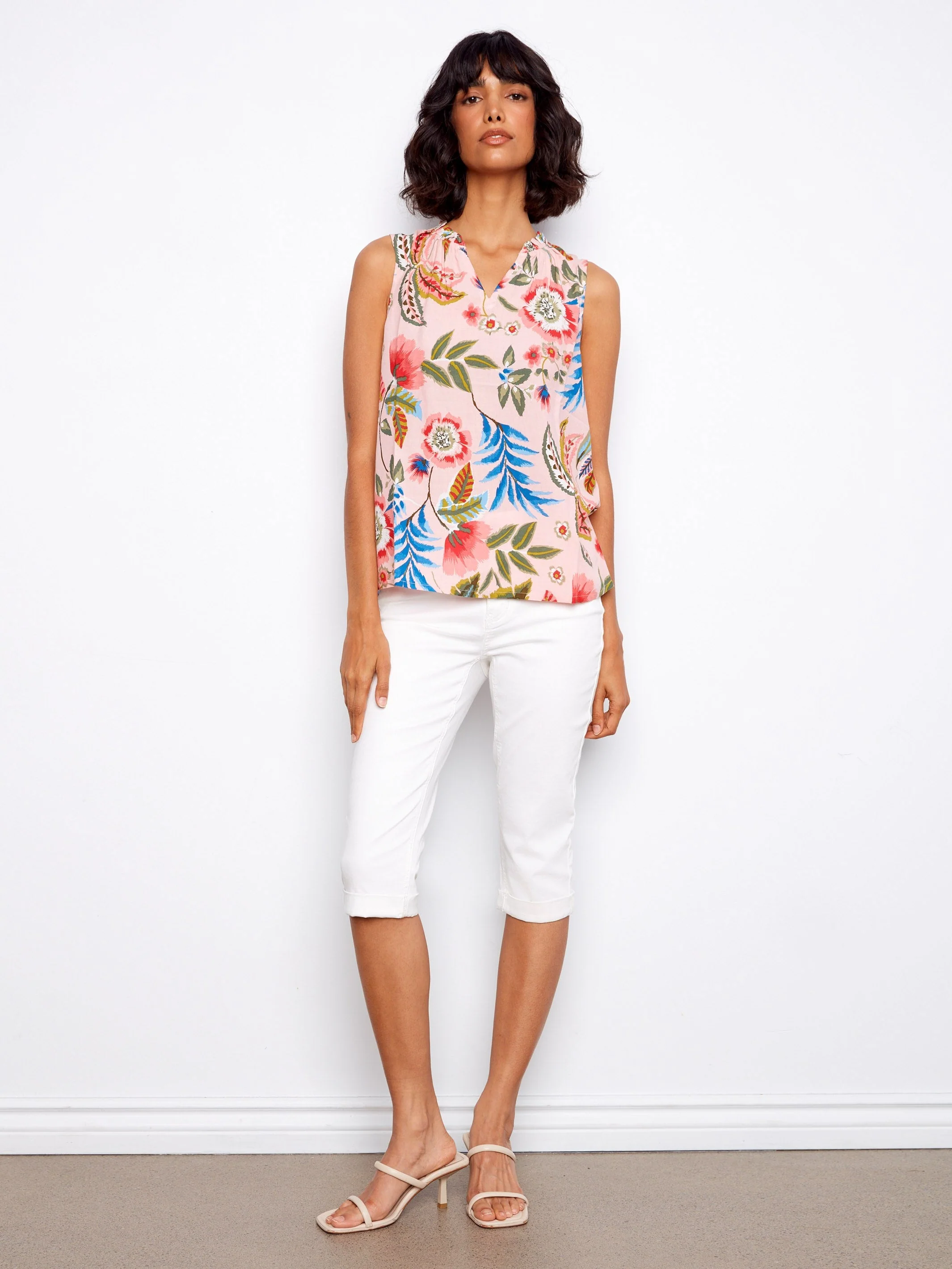 Printed Sleeveless Ruffle Neck Top - Pink Floral