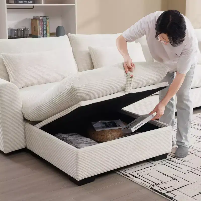 Comfy Corduroy Sectional Sofa with Pillows and Round Armrests, Modern Sofa Sleeper Deep Couch with Storage Ottoman