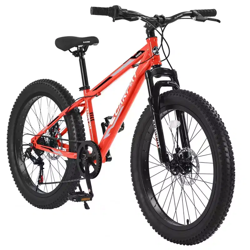 NAYSAYE 24 Inch Fat Tire Mountain Bike with 7 Speed Shifter Dual Disc Brake for Adults and Youth, Orange, 67*25*40