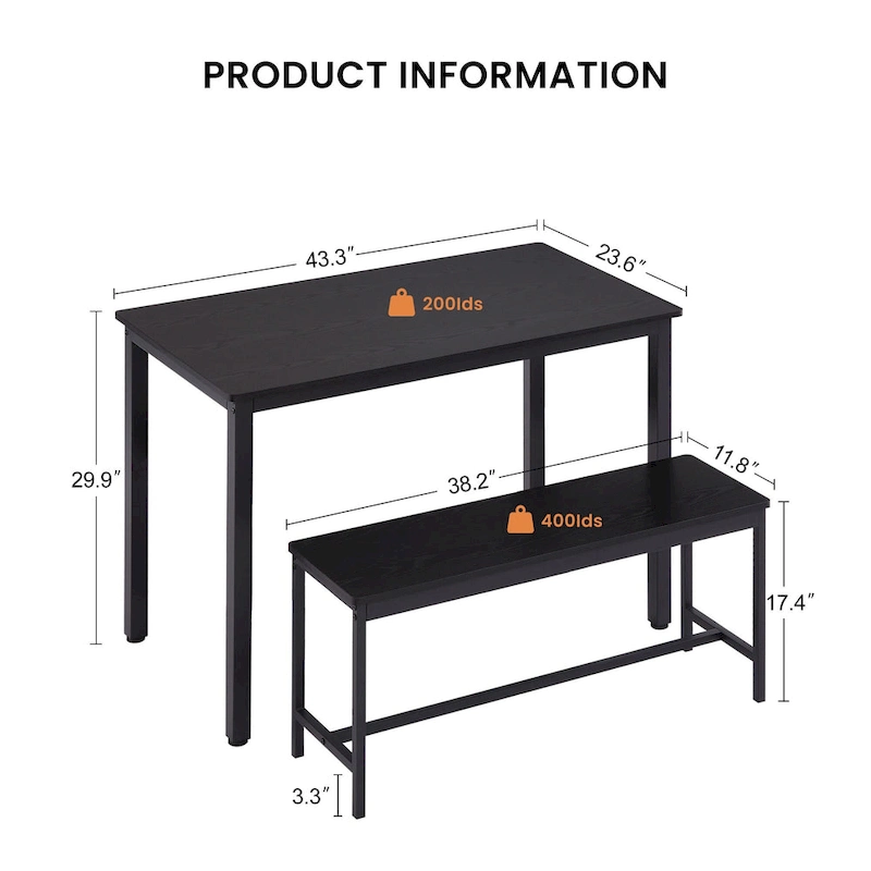 Industrial Rectangle Dining Table Set with 2 Benches Breakfast Nook Dining Table Set Kitchen Dining Table Set Metal Legs