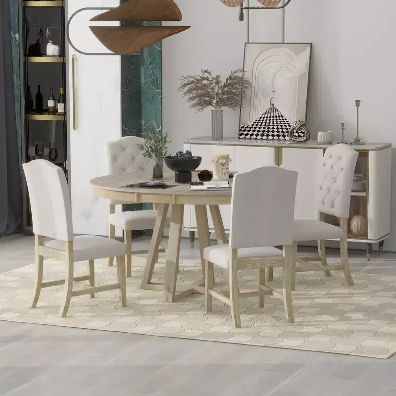 5-Piece Vintage Functional Dining Set, Round Table with 16 Wide Leaf and 4 Upholstered Chairs - ModernLuxe
