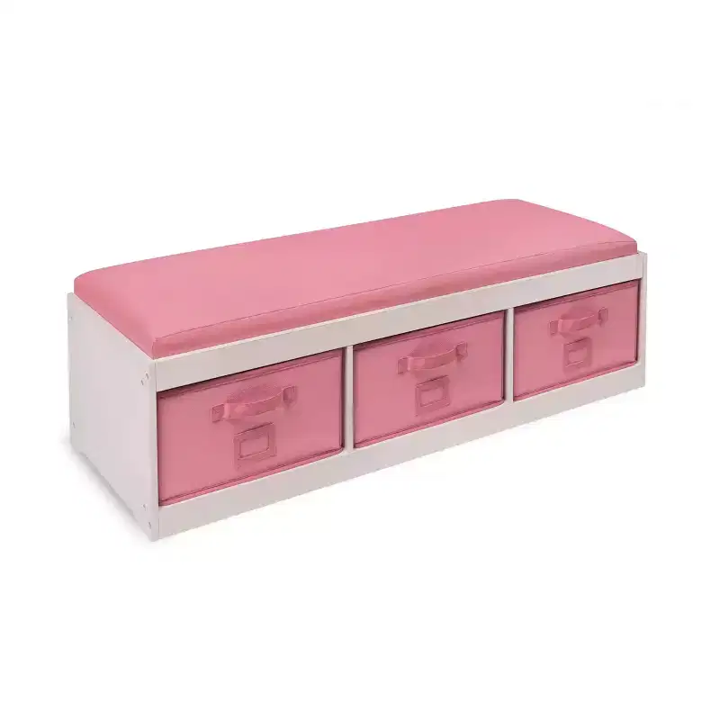 Kids' Storage Bench with Cushion and Three Bins White with Pink