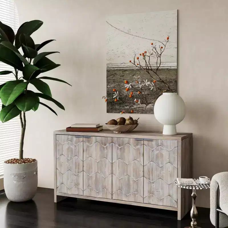 Sideboard Buffet Cabinet with Hexagonal Pattern Doors and Adjustable Shelves