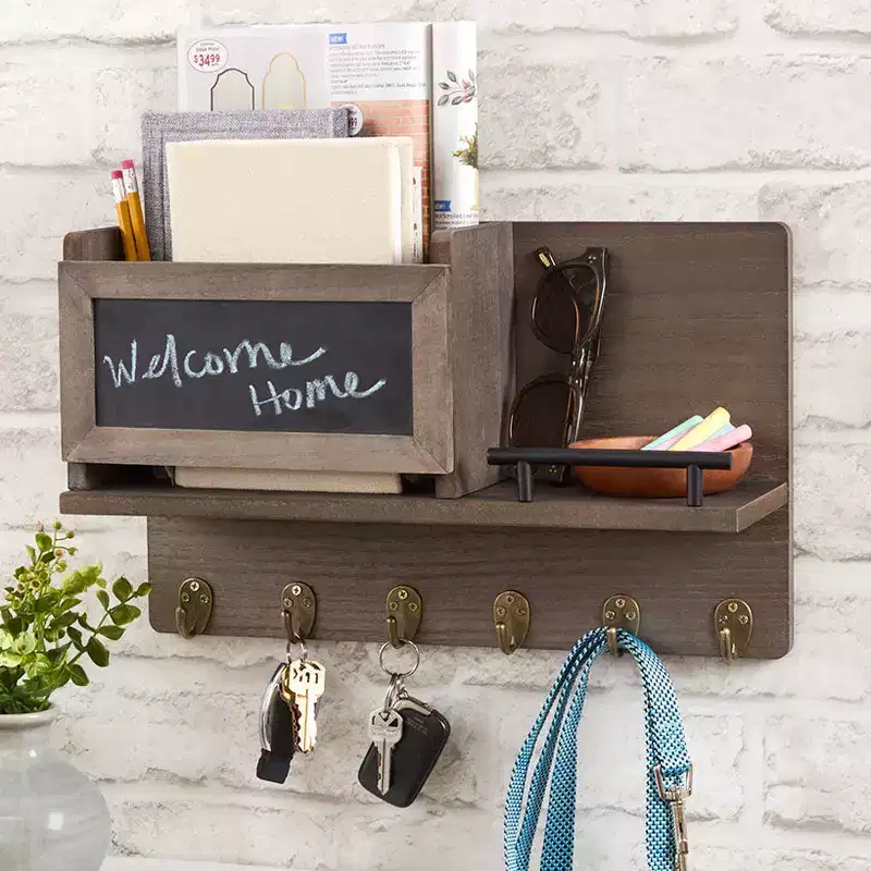 The Wall Mounted Entryway Organizer Shelf with Chalkboard and Mail Bin -