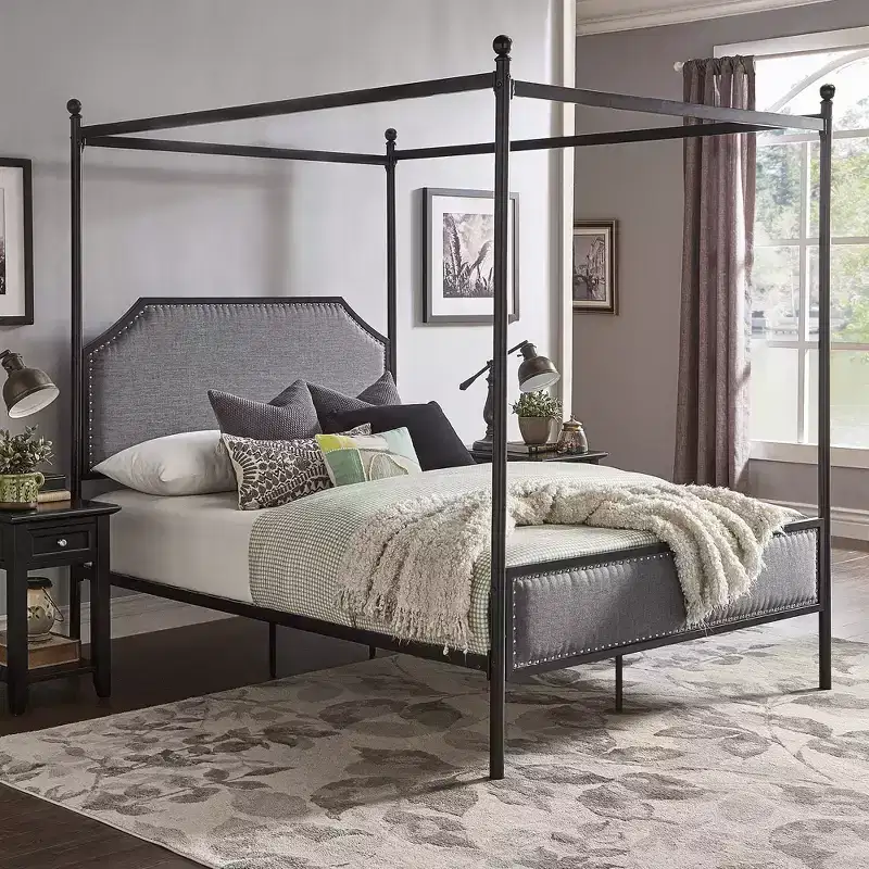 Barrington Grey Upholstered Metal Canopy Queen Bed - Black/Grey - iNSPIRE Q