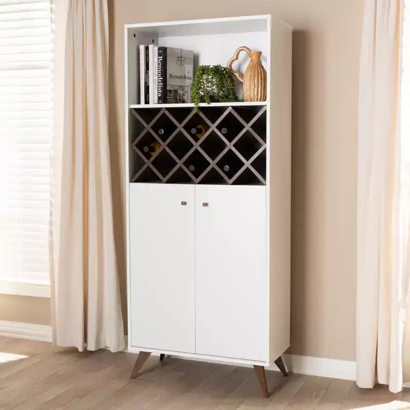 Mid-Century Modern Wine Cabinet White/Brown – Holds 10 Bottles