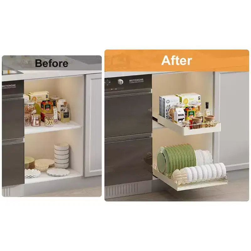 White Pull-Out Cabinet Organizer with Dish & Bowl Rack, 1-Drawer, Single Unit