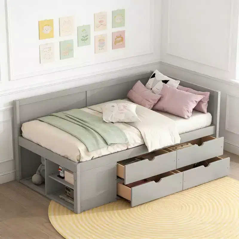 Luxystar Twin Size Wooden Daybed with 4 Drawers and Shelves