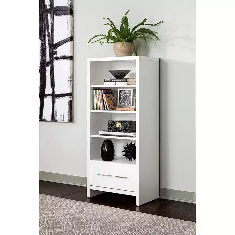 White Media Storage Tower Bookcase with Drawer – 5 Shelves, 2 Pack