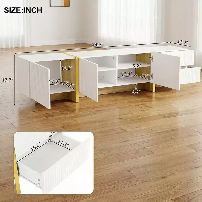 JVNOXK 74-inch Grooved Gold Wood Grain Leg TV Stand, Suitable for TVs 80 inches and under, with Storage Cabinet, Ideal for Living Rooms, White
