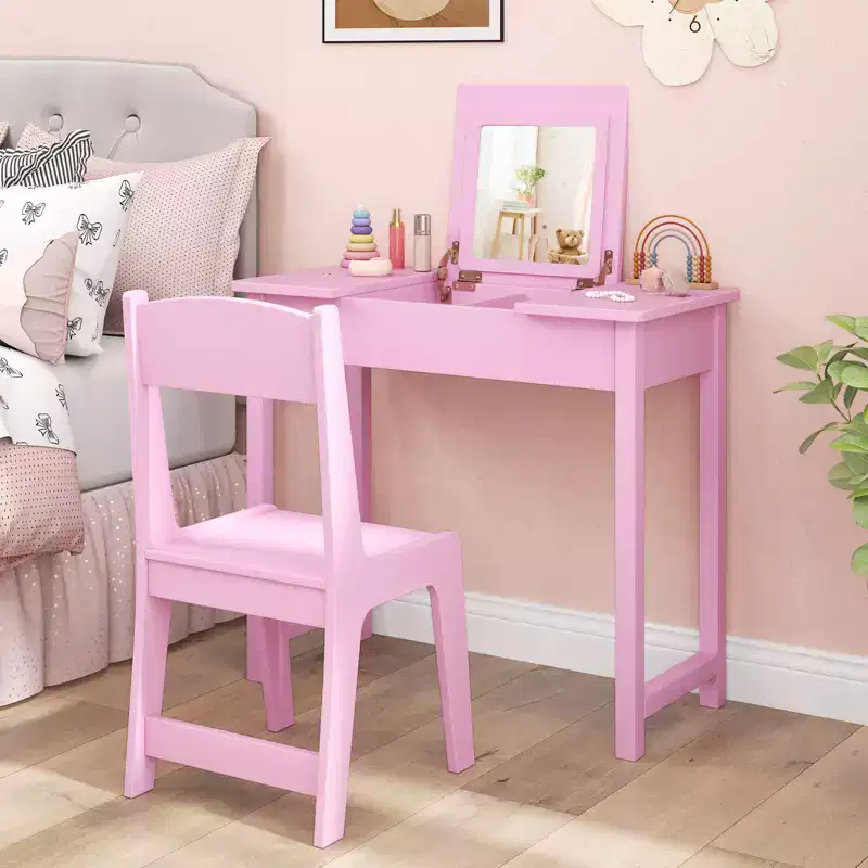 Kids Vanity Table & Chair Set 2-in-1 Princess Makeup Dressing Desk Set