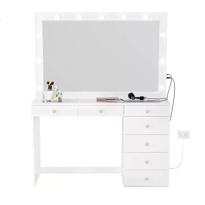 Lighted Makeup Vanity with 7 Drawers, Power Outlets and USB Ports