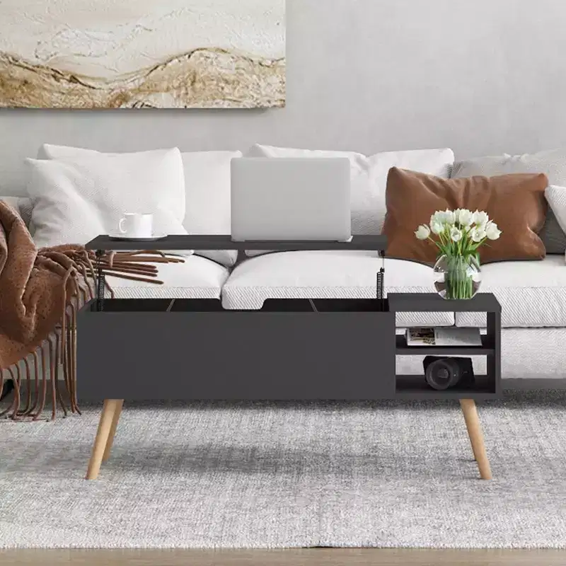 Light Gray Lift-top Coffee Table with Solid Wood Legs Hidden Compartment & Adjustable Storage Shelves