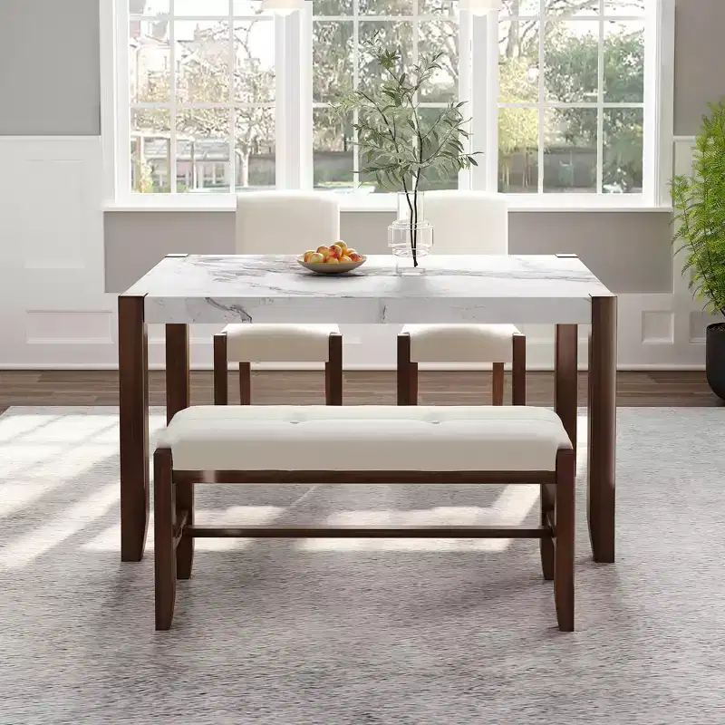 4-Piece/5 Piece Modern Dining Table Set Dining Set Space-Saving Dinette with Faux Marble Table, 2 Upholstered Chairs and Bench, White+Brown-ModernLuxe
