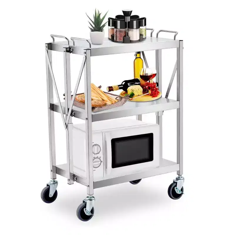 GustoWave 3 Tier Rolling Utility Collapsible Service Cart for Home Restaurants Bars Offices, Silver