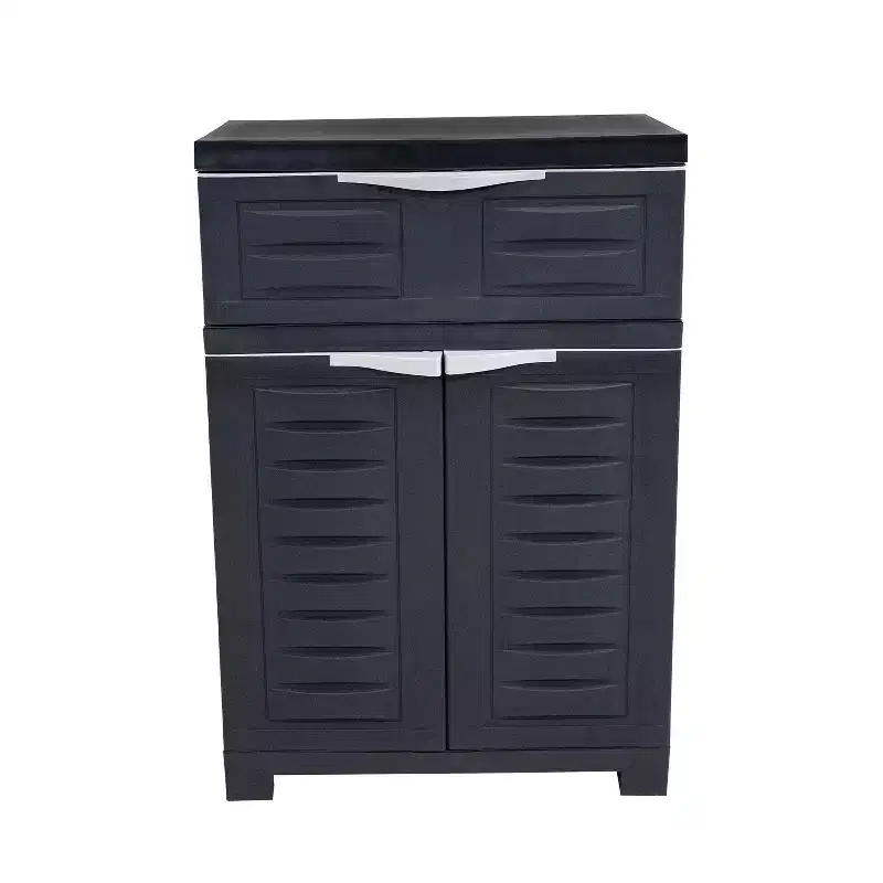 HomeRoots 24 Charcoal Plastic Accent Cabinet With Two Doors And One Drawer