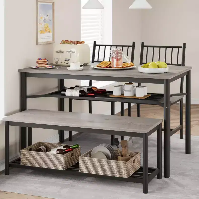CuisinSmart Dining Table Set for 4 with Bench and 2 Chairs, Rectangular Kitchen Table Set with Wine Rack and Storage Benches