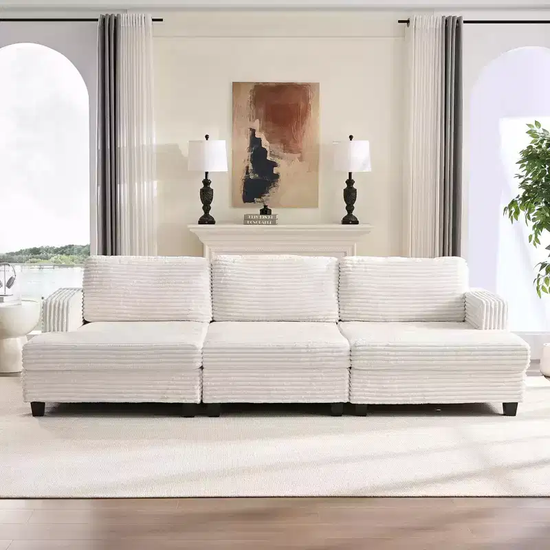 Mjkone Modern Corduroy Fabric Convertible Modular 3-Seater Sofa Couch For Living Room