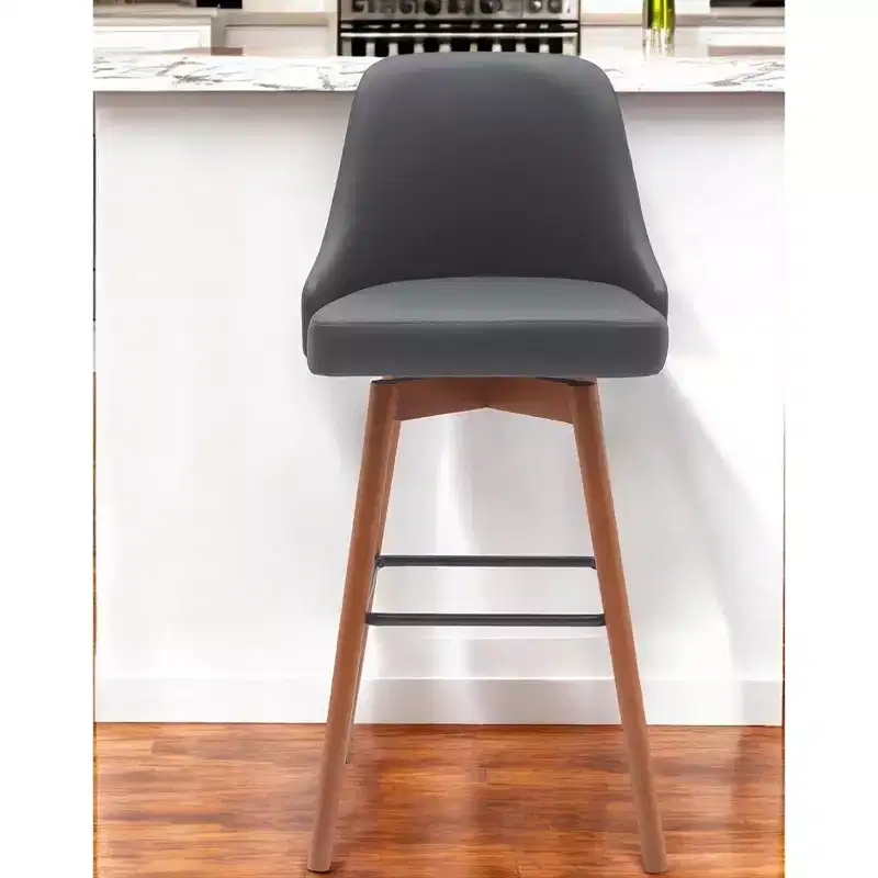 HomeRoots 30 Gray and Wood Brown Faux Leather with Solid Wood Swivel Bar Height Bar Chair