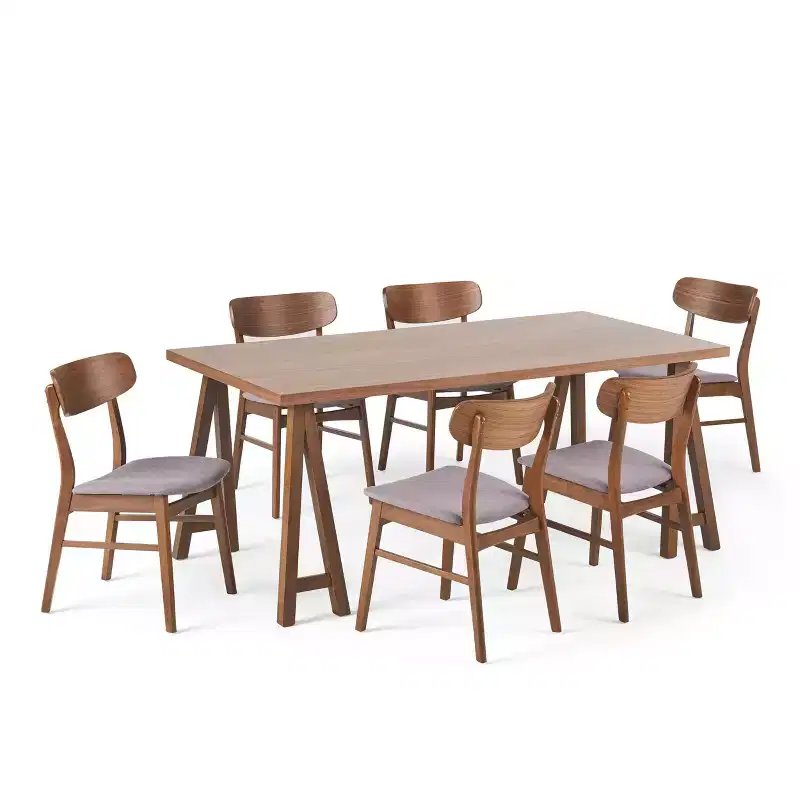 GDFStudio Alexis Mid Century Modern 7 Piece Fabric and Upholstered Rubberwood Dining Set