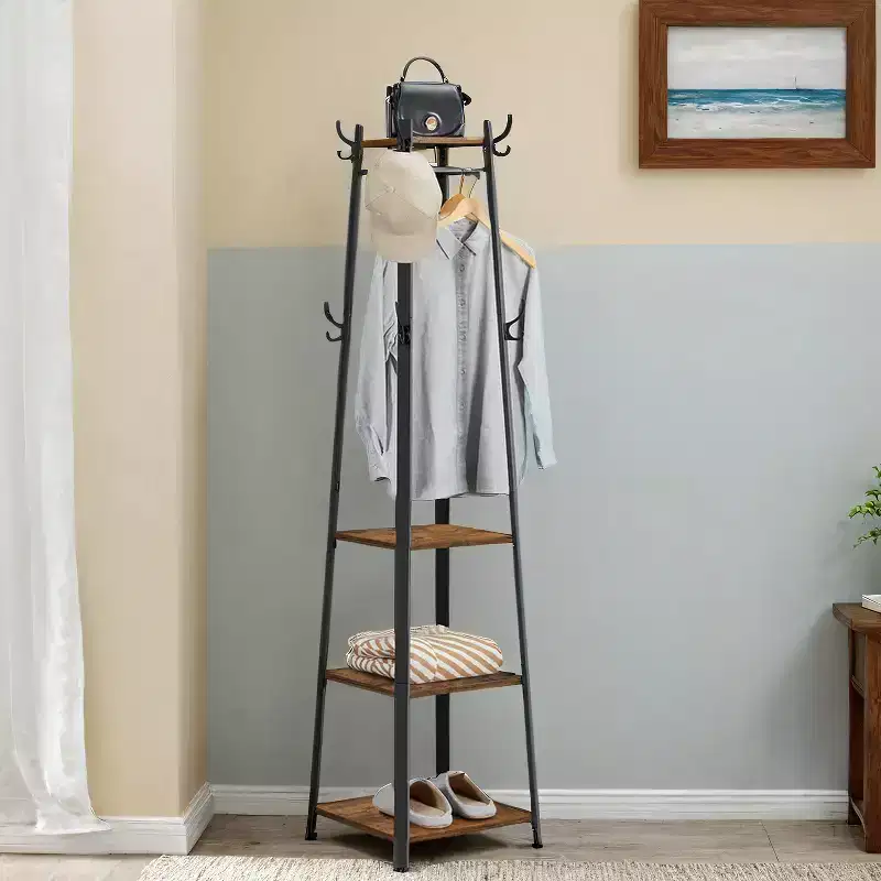 Industrial Style Coat Rack with 3 Shelves and Hooks - Stylish Entryway Storage Solution for Coats, Bags, and Accessories