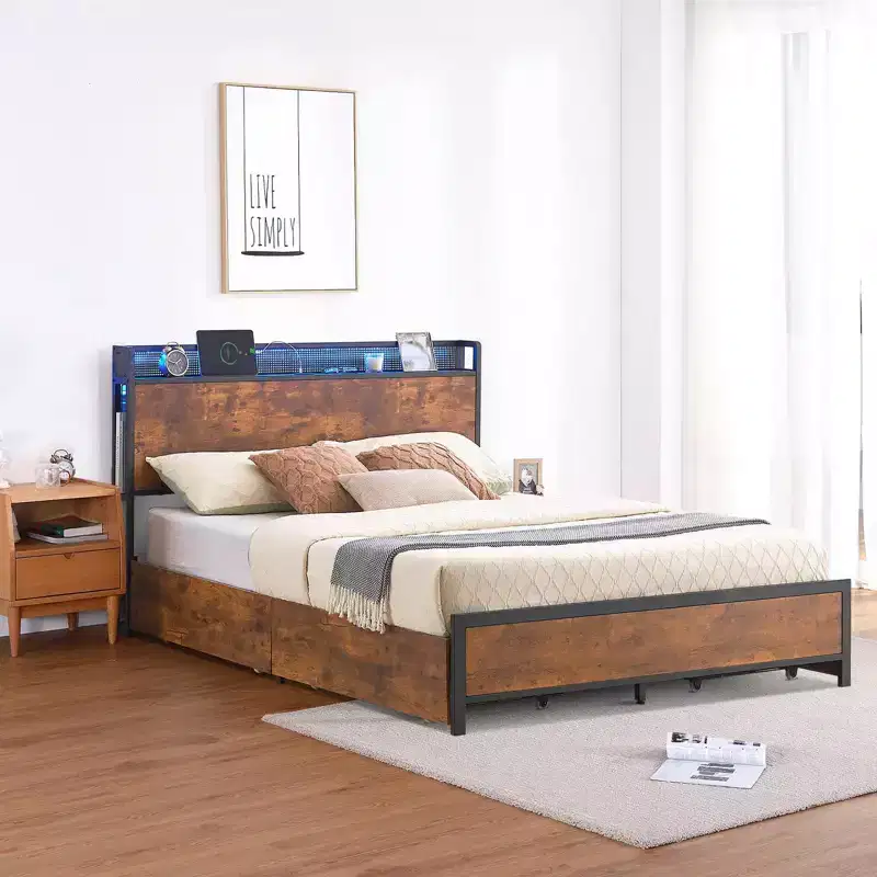 Platform Bed Frame with Headboard, USB Charging Station, LED Lighting and 4 Storage Drawers, No Box Spring Required, Heavy-Duty Support