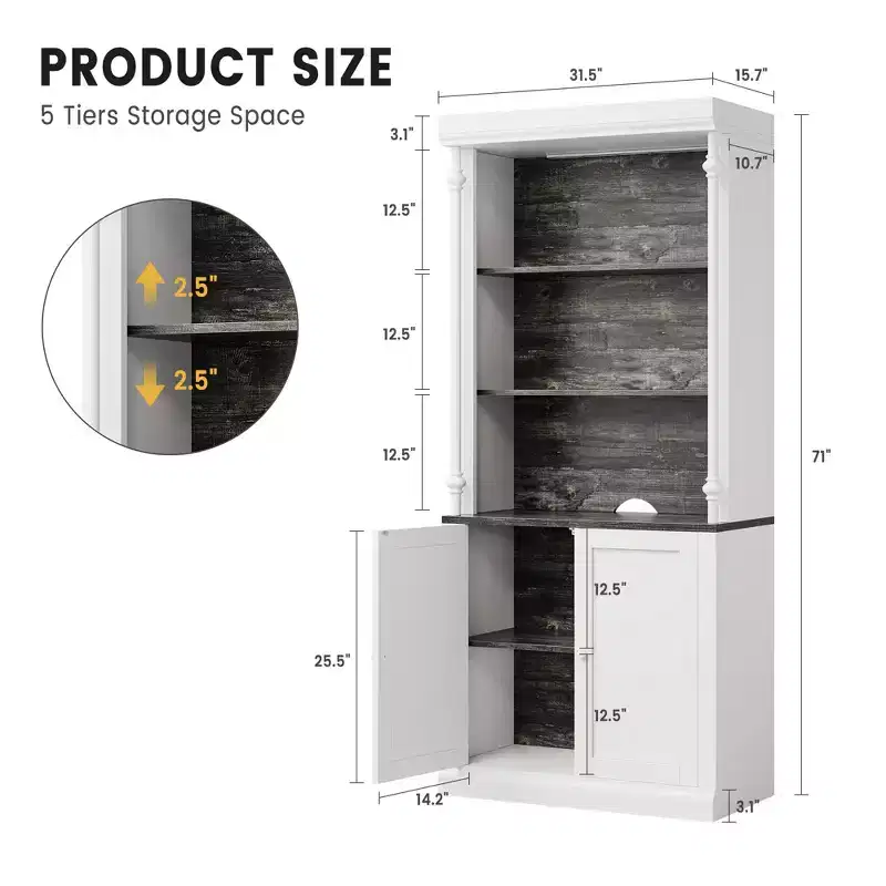 GustoWave 71 5-Tier Open Bookcase, Tall Roman Column Bookshelf with LED Lights, White & Black Wood Grain, Adjustable Shelves