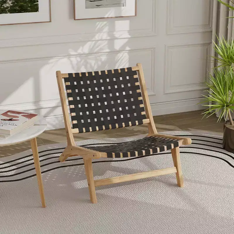 Costway Modern Teak Wood Lounge Chair with Nylon Woven Backrest & Seat Comfy Reading Chair Brown/Black