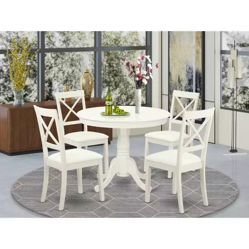 HomeStock Belmont 5 Pc Kitchen table set with a Dining Table and 4 Faux Leather Chairs in Linen White