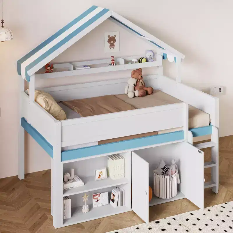 GDFStudio George Full Size Loft Bed with Playhouse Canopy Roof and Built-In Storage Cabinet