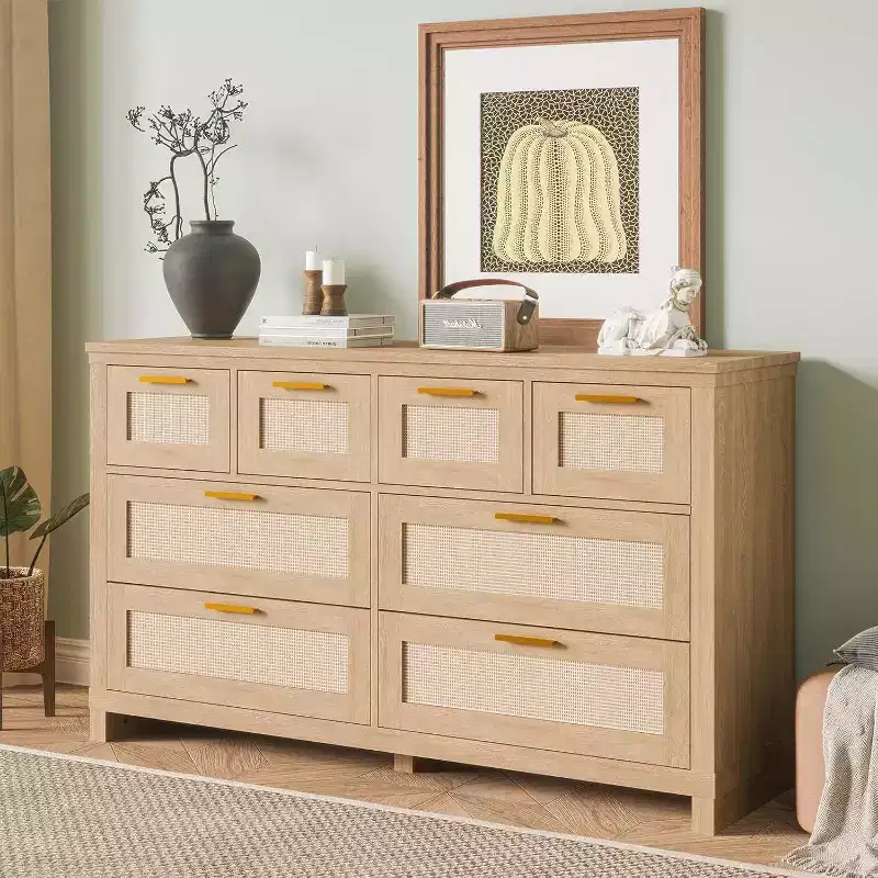 Acekool 8-Drawer Rattan Dresser, Boho Modern Chest with Woven Fronts & Storage Organizers for Bedroom, Hallway, Living Room - Natural
