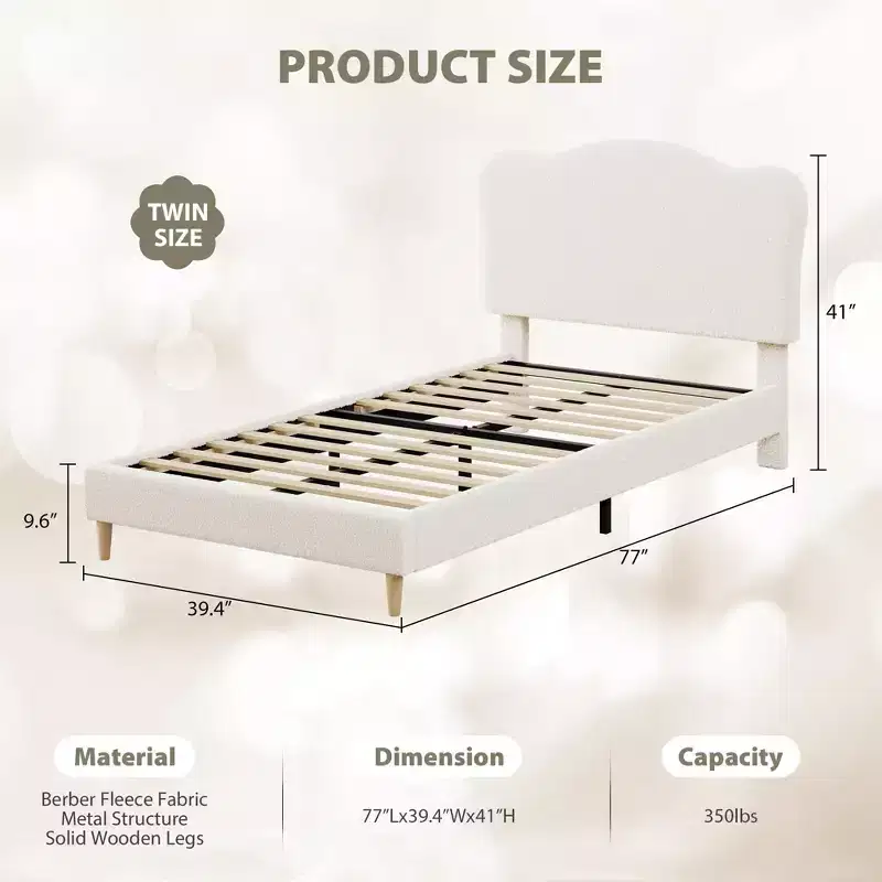 Upholstered Twin Size Bed Frame for Kids with Scallop Headboard, Cute Velvet Twin Bed for Kids,Sturdy Platform Bed, No Box Spring Needed,Wooden Slats